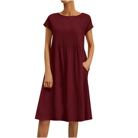 Wycnly Dresses for Women 2024 Casual Pocket Loose Smocked Swing Tunic Tshirt Midi Dresses Short Sleeve Crewneck Solid Summer Knee-Length Sun Dress Wine S Clothes