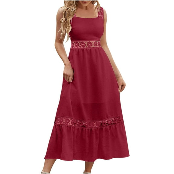 Wycnly Dresses for Women 2024 Evening Party Elegant Lace Patchwork Hollow Waist Ruffle Swing Tank Long Dresses Solid Sleeveless Square Neck Maxi Formal Dresses for Women Wine s