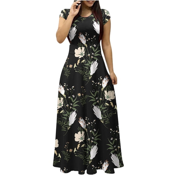 Wycnly Dresses for Women 2024 Evening Party Prom Elegant Fashion Empire Waist Flowy Pleated Swing A Line Long Dresses Floral Print Short Sleeve Crewneck Maxi Formal Dresses for Women Black s