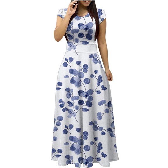 Wycnly Dresses for Women 2024 Evening Party Prom Elegant Fashion Empire Waist Flowy Pleated Swing A Line Long Dresses Floral Print Short Sleeve Crewneck Maxi Formal Dresses for Women White XXL