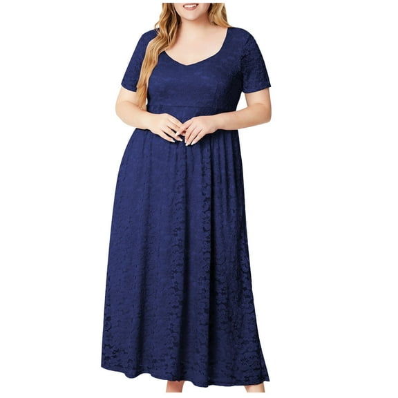 Wycnly Dresses for Women 2025 Evening Party Prom Elegant Lace Patchwork Empire Waist Pleated Swing Plus Size Long Dresses Solid Short Sleeve V-Neck Maxi Formal Dresses for Women Dark Blue XXXXXL