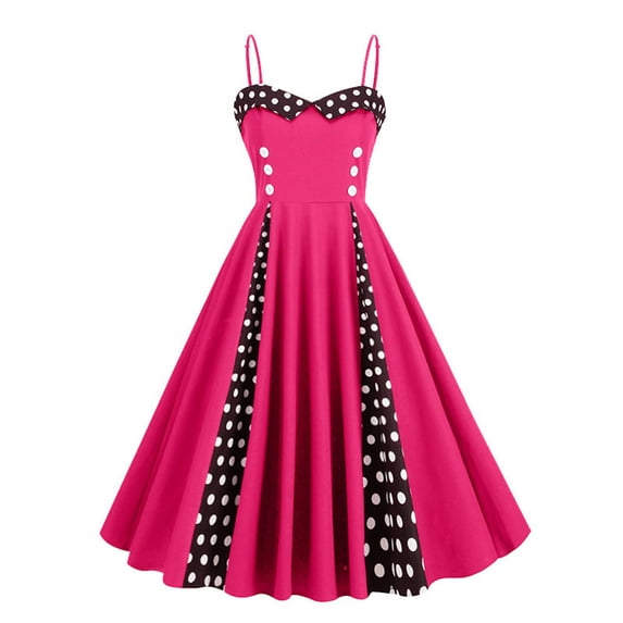 Wycnly Dresses for Women 2024 Evening Party Prom Vintage 1950S Flowy Pleated Swing Strap Midi Dresses Polka Dot Print Sleeveless V-Neck Knee-Length Formal Dresses for Women Hot Pink XL