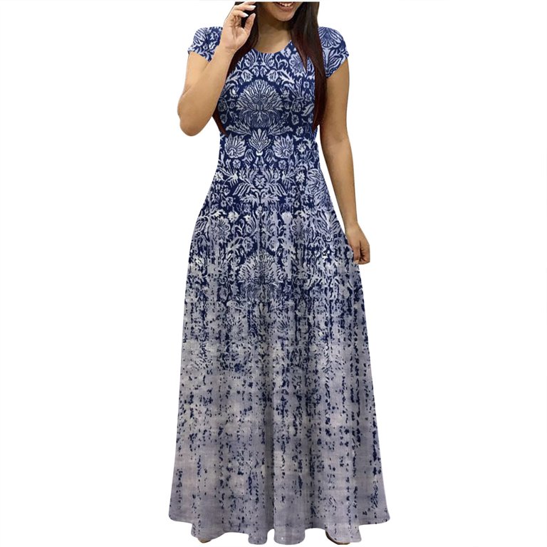 Wycnly Dresses for Women 2024 Evening Party Vintage Western Graphics Empire  Waist Pleated Swing A Line Maxi Dresses Ethnic Style Print Short Sleeve  Crewneck Long Formal Dresses for Women Blue s -