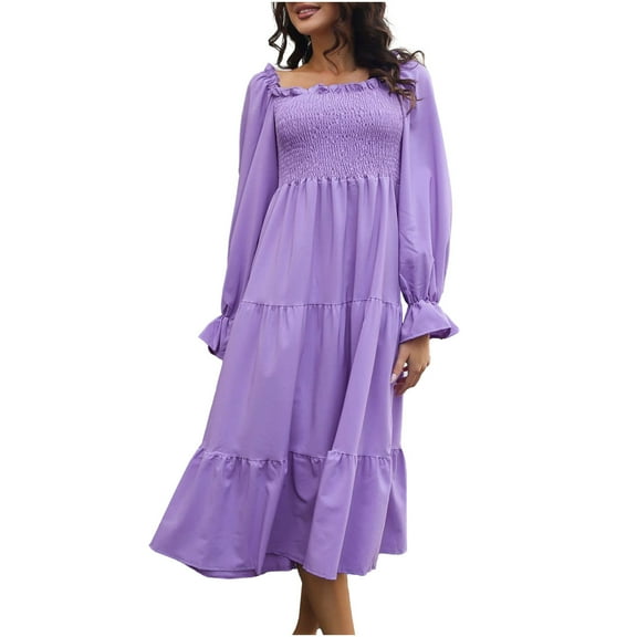 Wycnly Dresses for Women 2025 Fall Casual Elastic Waist Loose Flowy Ruffle Swing Lantern Sleeve A Line Dresses Solid Long Sleeve Square Neck Long Formal Dresses for Women Purple s