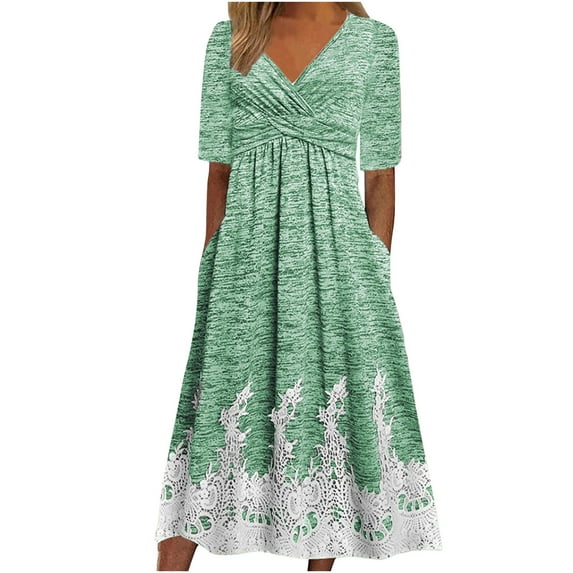 Wycnly Dresses for Women 2024 Fall Comfy Cotton High Waist Flowy Pleated Swing Vintage Graphics Tunic Pocket Dresses Western Print Short Sleeve V-Neck Long Formal Dresses for Women Green s