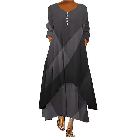 Wycnly Dresses for Women 2024 Fall Fashion Plus Size Loose Double Layer Swing Tunic Button up Long Dresses with Pocket Color Patchwork Long Sleeve V-Neck Maxi Formal Dresses for Women Gray XXL