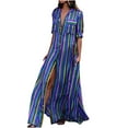 thumbnail image 1 of Wycnly Dresses for Women 2024 Fashion Button Down Plus Size Loose Summer Shirt Long Dresses with Pocket Striped Print Short Sleeve Lapel Maxi Formal Dresses for Women Blue XXL, 1 of 6