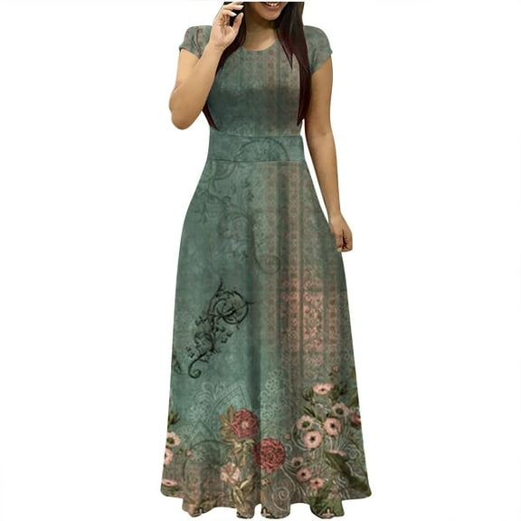 Wycnly Dresses for Women 2024 Fashion Empire Waist Flowy Pleated Swing Party Prom Vintage Floral Maxi Dresses Tie-Dye Print Short Sleeve Round Neck Long Formal Dresses for Women Green l