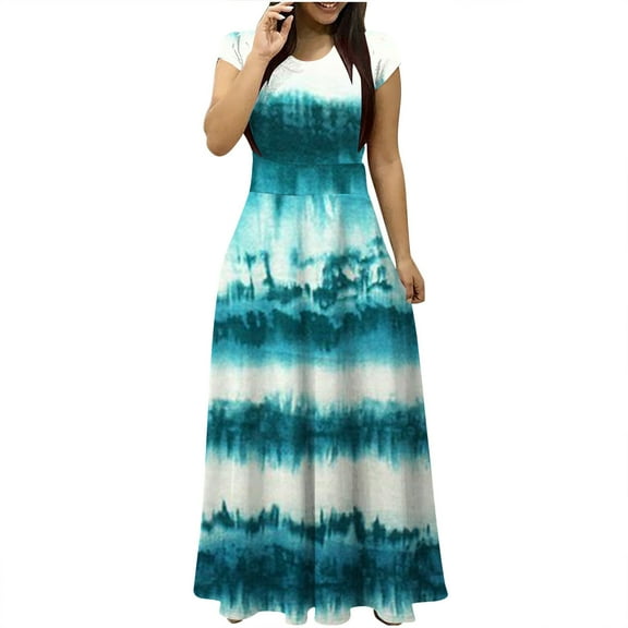 Wycnly Dresses for Women 2024 Fashion Empire Waist Flowy Pleated Swing Party Prom Vintage Floral Maxi Dresses Tie-Dye Print Short Sleeve Round Neck Long Formal Dresses for Women Gray m