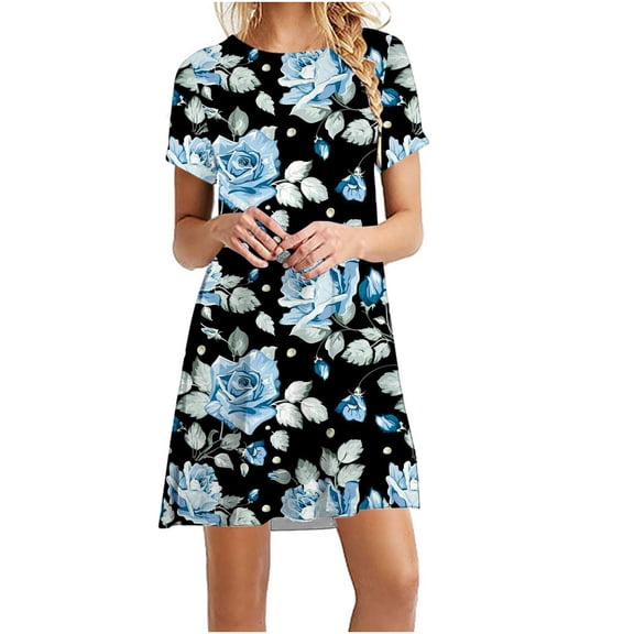Wycnly Dresses for Women 2024 Fashion Loose Swing Tunic Tshirt Mini Dresses Short Sleeve Round Neck Floral Print Summer Short Formal Dress Blue s Under $5