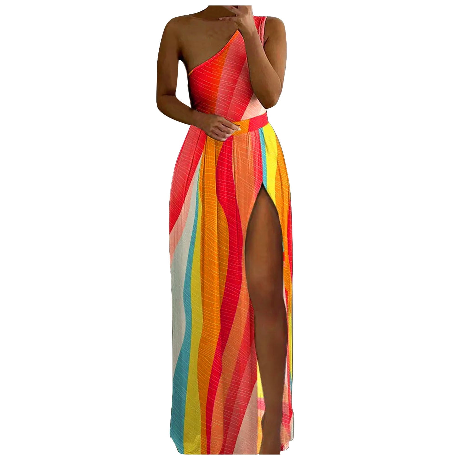 are one shoulder dresses in style 2024 Wycnly Dresses for Women 2024 Fashion Summer Empire Waist One Shoulder  Pleated High Slit Hem Tank Long Sundress Geometric Print Sleeveless Slash  Neck Maxi Formal Dresses for Women Green l