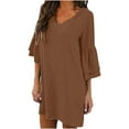 thumbnail image 1 of Wycnly Dresses for Women 2024 Flared Sleeve Loose Swing A Line Tshirt Mini Dresses 3/4 Sleeve V-Neck Solid Summer Short Formal Dress Coffee l Clearance Under $5, 1 of 5