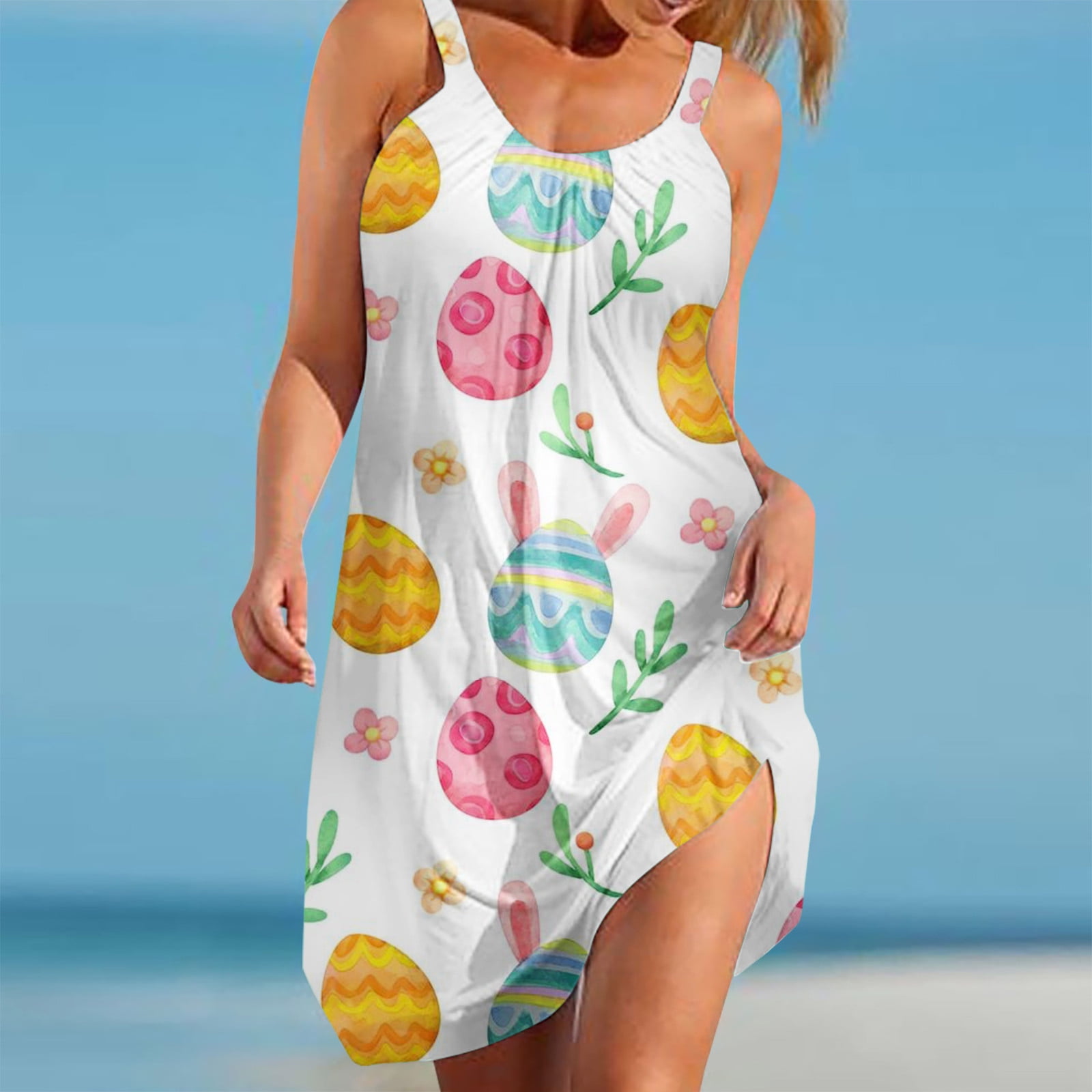 Wycnly Dresses for Women 2024 High Waist Beach Loose Cute Halter Tank Mini  Sun Dresses Sleeveless Crewneck Easter Eggs Print Summer Short Sun Dress  Yellow XXL Clearance Clothes 