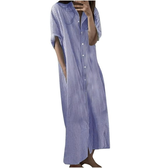 Wycnly Dresses for Women 2024 Loose Fashion Button Down Breathable Cotton Linen Shirt Maxi Dresses with Pockets Striped Print Short Sleeve Lapel Long Formal Dresses for Women Sky Blue XXL