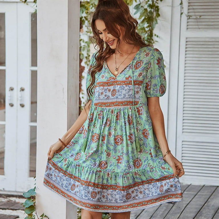 Wycnly Dresses for Women 2024 Loose Ruffle Swing Vintage Bohemian Strappy  Beach Dresses Short Sleeve V-Neck Floral Summer Mini Sun Dress Green XL Clearance  Clothes 