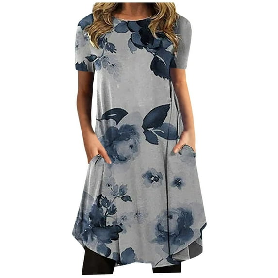 Wycnly Dresses for Women 2024 Loose Swing Pocket Tunic Tshirt Midi Dresses Short Sleeve Round Neck Tie-Dye Print Summer Knee-Length Formal Dress Blue xxl Clearance Under $5