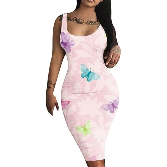 Wycnly Dresses for Women 2024 Night CLub Party Sexy Bodycon Midi Dresses Sleeveless Scoop Neck Floral Print Summer Knee-Length Formal Dress Pink xl Under $5