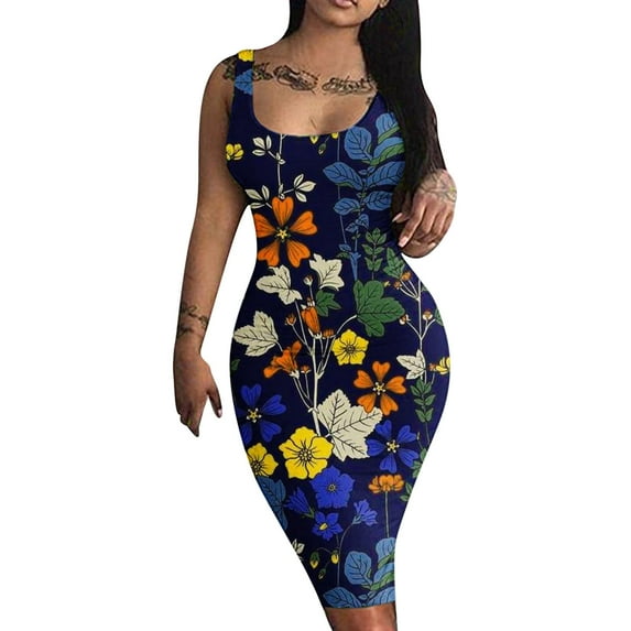 Wycnly Dresses for Women 2024 Night CLub Party Sexy Wrap Bodycon Midi Dresses Sleeveless Scoop Neck Gradient Summer Knee-Length Formal Dress Dark Blue l
