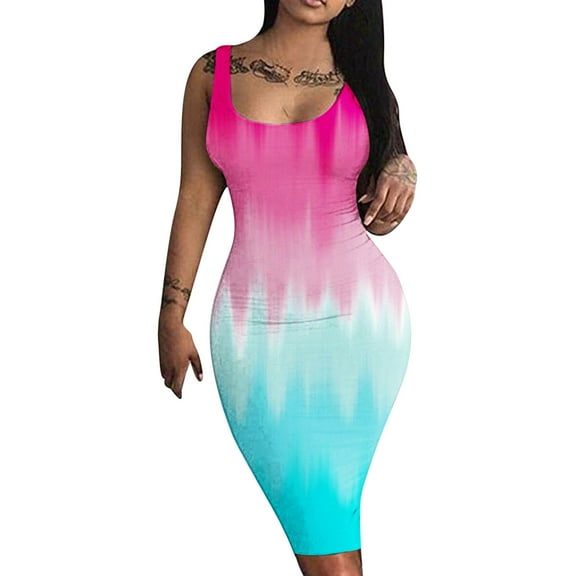 Wycnly Dresses for Women 2024 Night CLub Party Sexy Wrap Bodycon Midi Dresses Sleeveless Scoop Neck Gradient Summer Knee-Length Formal Dress Sky Blue s Under $5