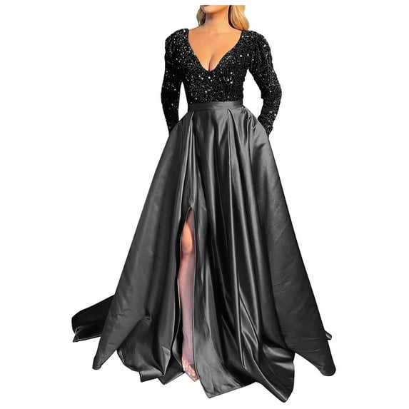 Wycnly Dresses for Women 2024 Party Prom Fashion Sparkly Sequin Empire Waist Flowy Pleated Slit Swing A Line Long Dresses Color Patchwork Long Sleeve V-Neck Maxi Formal Dresses for Women Black s