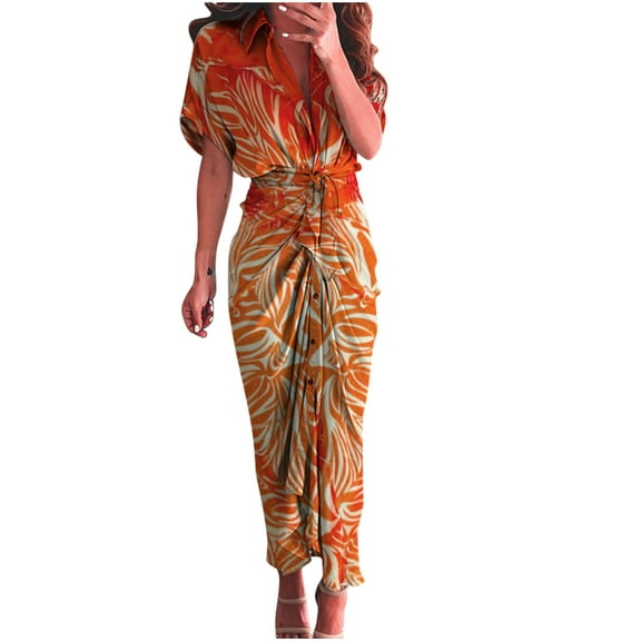 Wycnly Dresses for Women 2024 Plus Size Fashion Button Down Ruched Wrap Shirt Long Dresses with Belt Striped Print Short Sleeve Lapel Maxi Formal Dresses for Women Orange m