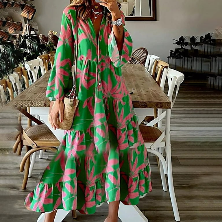 Wycnly Dresses for Women 2024 Plus Size Flowy Ruffle Swing Button Down  Beach Dresses Long Sleeve V-Neck Floral Print Summer Maxi Sun Dress Green  XL