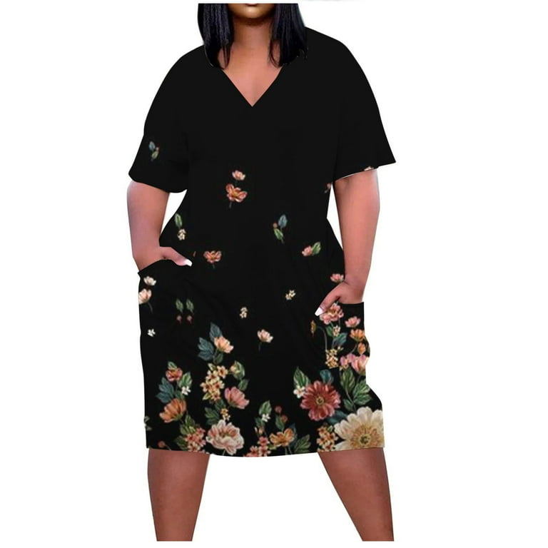 Womens Plus Size Dresses Large Bust Puff Sleeve Hide Belly Casual Loose  Pleated Midi Dress for Women Knee Length