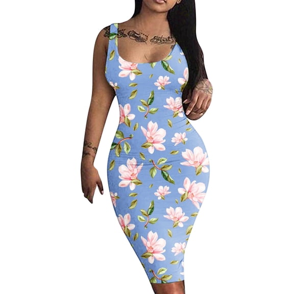 Wycnly Dresses for Women 2024 Sexy Basic Wrap Bodycon Night Club Party Tank Knee-Length Dresses Sleeveless Crewneck Floral Print Summer Midi Formal Dress Blue l Under $5