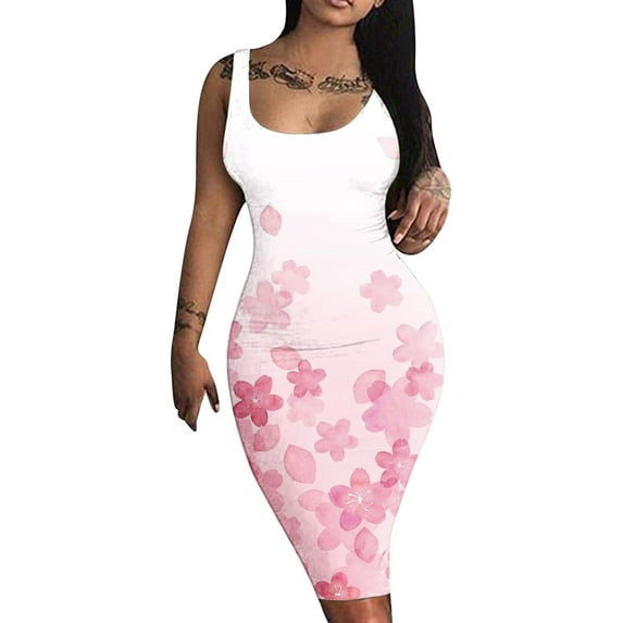 Wycnly Dresses for Women 2024 Sexy Basic Wrap Bodycon Night Club Party Tank Knee-Length Dresses Sleeveless Crewneck Floral Print Summer Midi Formal Dress White xl Under $5