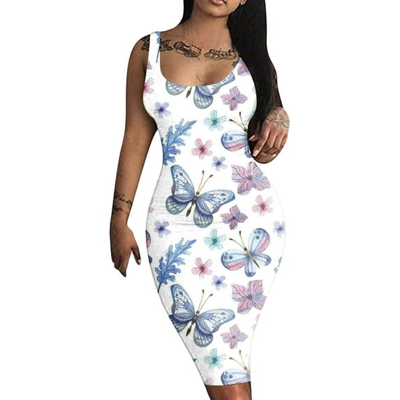 Wycnly Dresses for Women 2024 Sexy Basic Wrap Bodycon Night Club Party Tank Knee-Length Dresses Sleeveless Crewneck Floral Print Summer Midi Formal Dress Navy m Under $5
