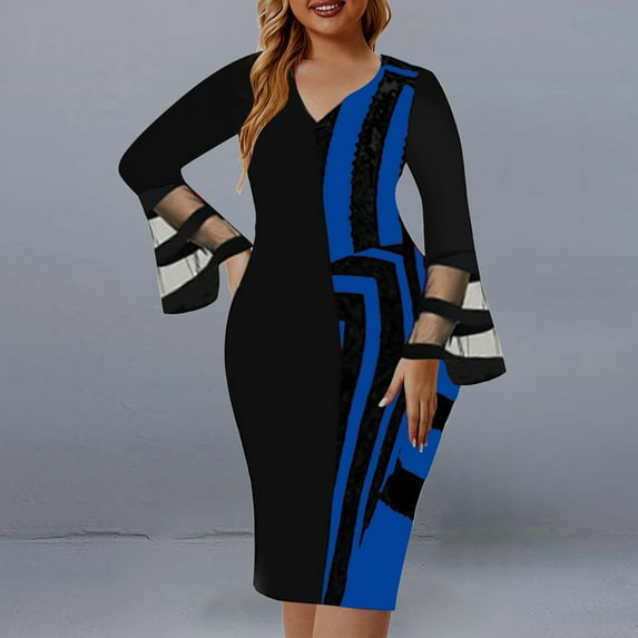 Wycnly Dresses for Women 2024 Sexy Mesh Patchwork Party Prom Formal Plus Size Wrap Dresses Long Sleeve V-Neck Color Patchwork Summer Midi Sun Dress Blue XXL Clearance Clothes