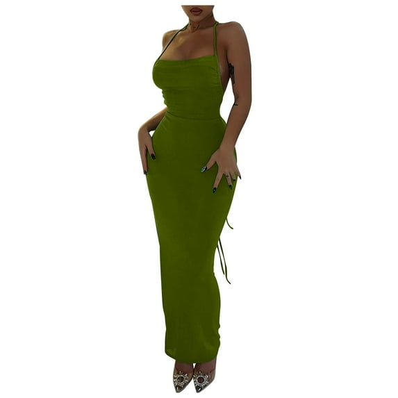 Wycnly Dresses for Women 2024 Sexy Spaghetti Strap Basic Bodycon Night Party Club Dresses Sleeveless One Line Neck Solid Summer Maxi Casual Dress Army Green M Clearance Clothes