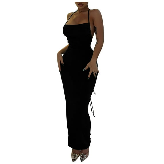 Wycnly Dresses for Women 2024 Sexy Spaghetti Strap Basic Bodycon Night Party Club Dresses Sleeveless One Line Neck Solid Summer Maxi Casual Dress Black S Clearance Clothes