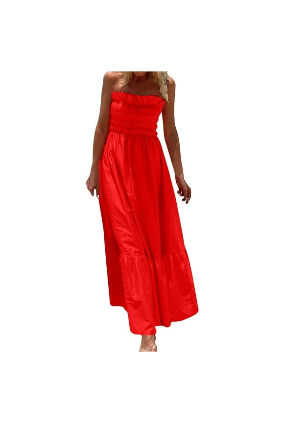 Dresses for Women 2025 Summer Beach Boho Elastic Waist Flowy Ruffle Swing Strapless Long Sundress Solid Sleeveless Tube Top Maxi Formal Dresses for Women Red XL