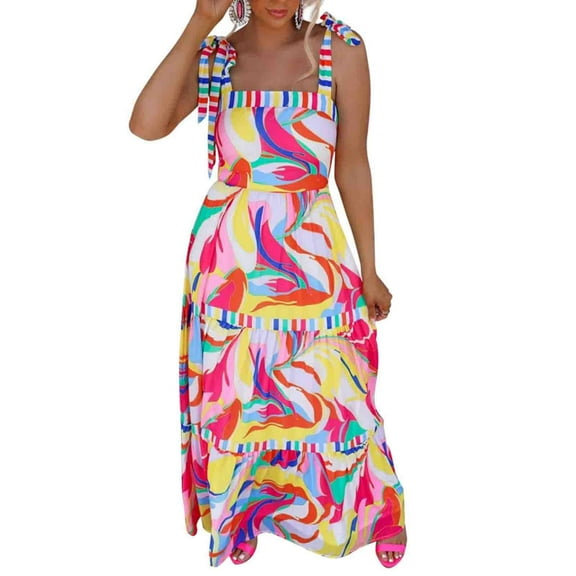 Wycnly Dresses for Women 2024 Summer Beach Fashion Empire Waist Flowy Ruffle Swing Adjustable Strap Maxi Sundress Geometric Print Sleeveless Square Neck Long Formal Dresses for Women Multicolor l