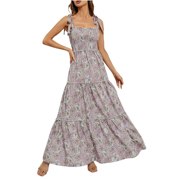 Wycnly Dresses for Women 2024 Summer Beach Loose Flowy Ruffle Swing Strap Bohemian Long Sundress Floral Print Sleeveless Square Neck Maxi Formal Dresses for Women Khaki m