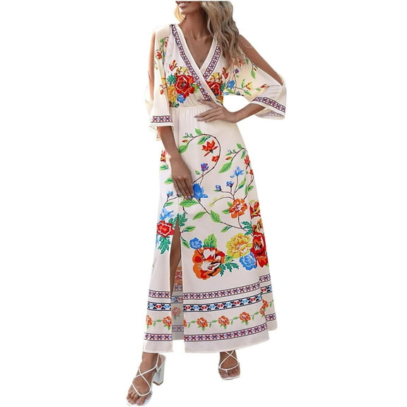 Wycnly Dresses for Women 2024 Summer Beach Vintage Bohemian Elastic Waist Cold Shoulder Slit Maxi Sundress Floral Print Elbow-Length V-Neck Long Formal Dresses for Women White XL