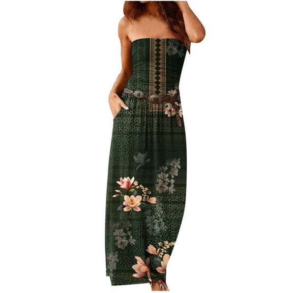 Wycnly Dresses for Women 2024 Summer Beach Vintage Graphics Sexy Strapless Pleated Hem Long Sundress with Pocket Floral Print Sleeveless Tube Top Maxi Formal Dresses for Women Army Green XXL