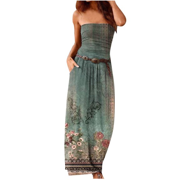 Wycnly Dresses for Women 2024 Summer Beach Vintage Graphics Sexy Strapless Pleated Hem Long Sundress with Pocket Floral Print Sleeveless Tube Top Maxi Formal Dresses for Women Green XXL