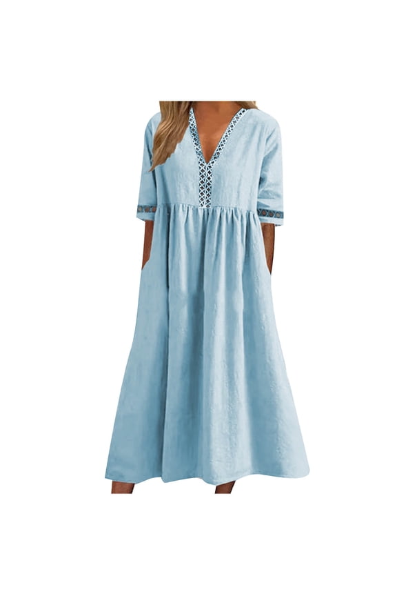 Dresses for Women 2024 Summer Casual Hollow out Trim Plus Size Loose Pleated Swing Tunic Dresses Solid Elbow-Length V-Neck Long Formal Dresses for Women Sky Blue XL