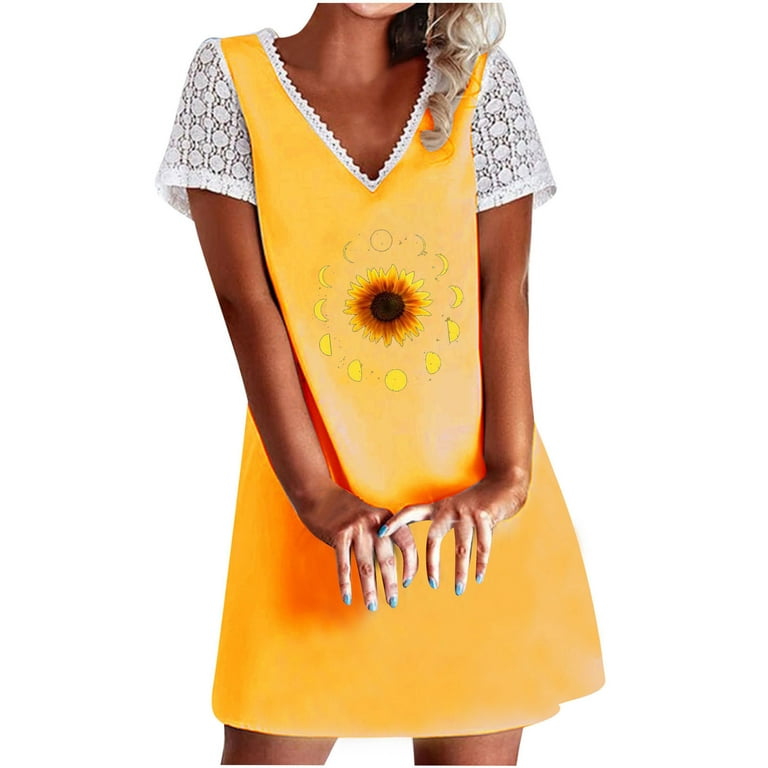 Wycnly Dresses for Women 2024 Summer Short Sleeve V-Neck Sunflower