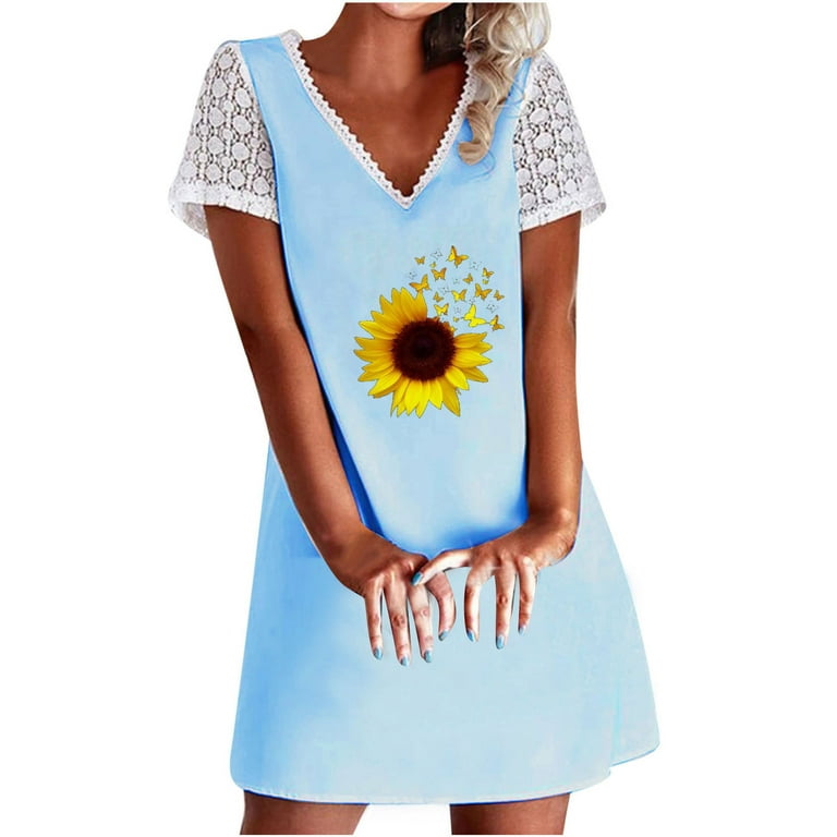 Wycnly Dresses for Women 2024 Summer Short Sleeve V-Neck Sunflower