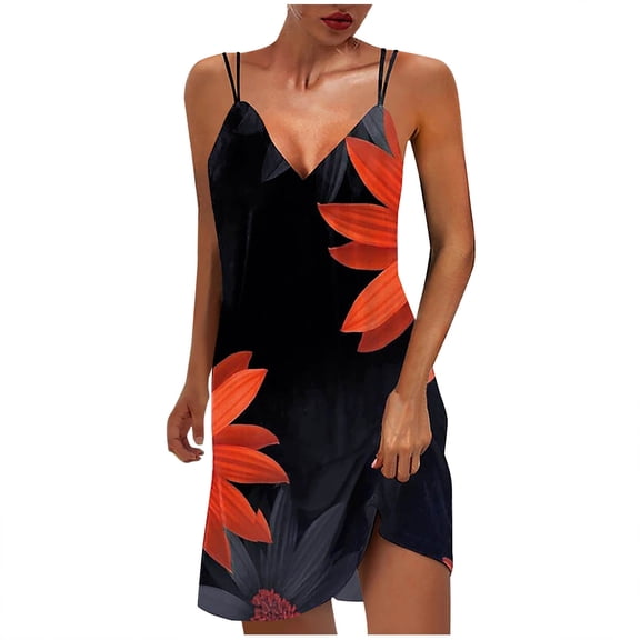 Wycnly Dresses for Women 2024 Summer Sleeveless V-Neck Feather Print Casual Short Sundress Beach Slim Spaghetti Strap Tunic Mini Sun Dresses Red s Under $5