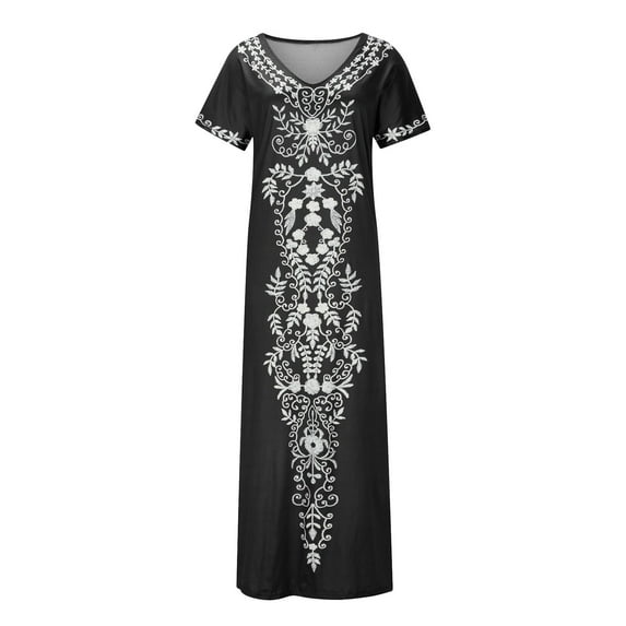 Wycnly Dresses for Women 2024 Summer Vintage Ethnic Style Graphics Side Slit Tunic Tshirt Long Dresses Western Print Short Sleeve V-Neck Maxi Formal Dresses for Women Black XXXL