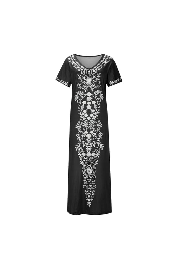 Dresses for Women 2024 Summer Vintage Ethnic Style Graphics Side Slit Tunic Tshirt Long Dresses Western Print Short Sleeve V-Neck Maxi Formal Dresses for Women Black XXXL