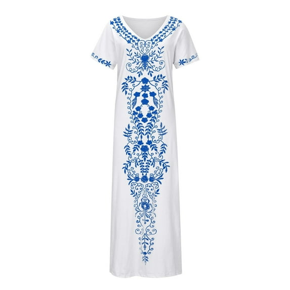 Wycnly Dresses for Women 2024 Summer Vintage Ethnic Style Graphics Side Slit Tunic Tshirt Long Dresses Western Print Short Sleeve V-Neck Maxi Formal Dresses for Women White XXXL
