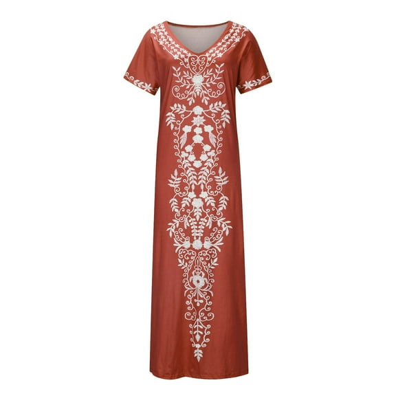 Wycnly Dresses for Women 2024 Summer Vintage Ethnic Style Graphics Side Slit Tunic Tshirt Long Dresses Western Print Short Sleeve V-Neck Maxi Formal Dresses for Women Red XXXL
