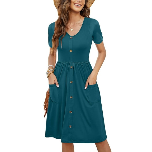 Wycnly Dresses for Women 2025 Casual Button Down Pocket Pleated Swing A Line Midi Dresses Short Sleeve V-Neck Solid Summer Knee-Length Sun Dress Green S Clothes
