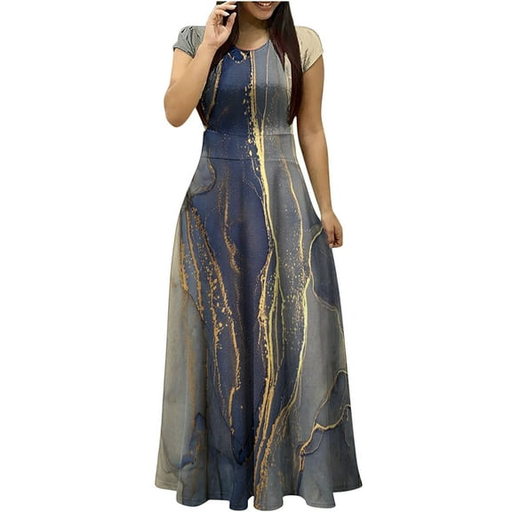 Wycnly Dresses for Women 2025 Cocktail Party Prom Elegant Empire Waist Pleated Swing A Line Long Dresses Feather Print Short Sleeve Crewneck Maxi Formal Dresses for Women Gray XXL