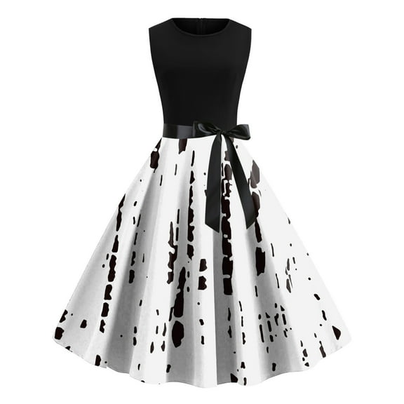 Wycnly Dresses for Women 2025 Cocktail Party Prom Vintage Empire Waist Flowy Pleated Swing 1950S Tank Dresses Striped Print Sleeveless Round Neck Midi Formal Dresses for Women White m